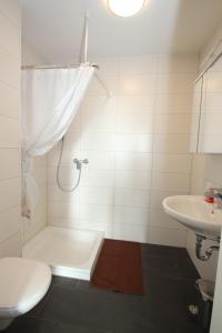 e bagno con doccia, servizi igienici e lavandino. di Apartments/Wohnungen direkt in Aschaffenburg a Aschaffenburg