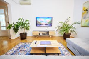 a living room with a couch and a tv on a wall at Caragiale Apartment in Bucharest