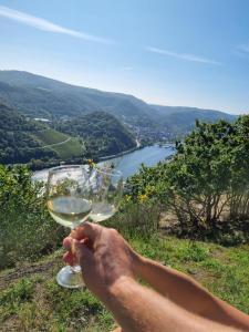 a person holding a glass of wine overlooking a river at MV Römervilla, Lofts & Penthouses mit traumhaftem Moselpanoramablick und Sauna in Treis-Karden