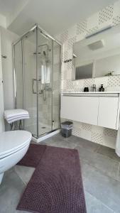 a bathroom with a shower and a toilet and a sink at Garda View Apartment in Tenno