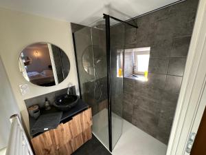 a bathroom with a shower with a sink and a mirror at La maison du village in Romanèche-Thorins +21 photos