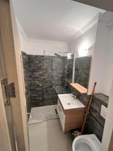 y baño con ducha, lavabo y aseo. en Apartament 1 camera Brăila(hipodrom) en Brăila