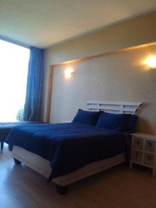 a bedroom with a bed with blue sheets and a window at Blue Oasis Apartments in Benoni