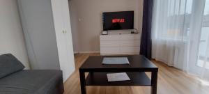 ein Wohnzimmer mit einem Sofa und einem Tisch mit einem TV in der Unterkunft Apartament 3 pokoje Poznań in Posen