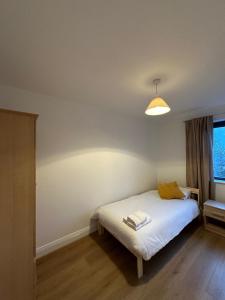 a bedroom with a bed with a lamp and a window at City Pulse Apartment in Waterford