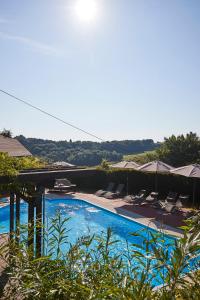 una piscina con tumbonas y sombrillas en Sattlerhof Genießerhotel & Weingut, en Gamlitz