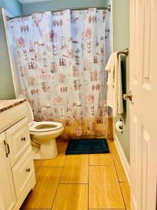 a bathroom with a toilet and a shower curtain at Cozy 2 bedrooms home by the water in Cape Coral