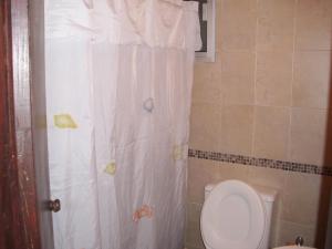 a bathroom with a toilet and a shower curtain at La Pastora in Punta del Este