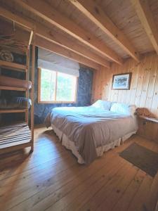 1 dormitorio con 1 cama en una cabaña de madera en Cabañas Llifenativo, en Futrono