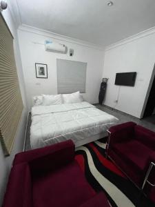 um quarto de hotel com uma cama e uma cadeira em Joda’s apartment em Lagos