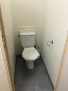 a bathroom with a white toilet in a stall at Appartement à Saint Lary Soulan, 4-5 pers, à 150m des télécabines et du village in Saint-Lary-Soulan