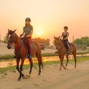 two women riding on horses on a dirt road at Al Khayma Camp "Elite Camping & Dining in Experience" in Hunaywah