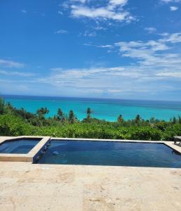 a swimming pool with the ocean in the background at Sky Beach Club Villa Waterfall 2 home in Governorʼs Harbour