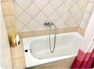 a bath tub with a shower in a bathroom at Omonias Apartments in Kavála