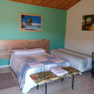 two beds in a room with green walls at Pousada Desfiladeiro da Serra in Serra Negra