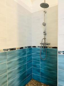 a shower in a bathroom with blue and white tiles at Demeure vue mer avec piscine privée in Petit-Bourg