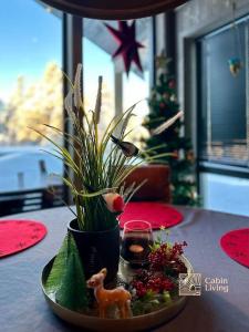 une table avec une plante en pot et un vase avec une plante dans l'établissement New cabin near X Country ski trails at Blefjell with Jacuzzi, à Flesberg