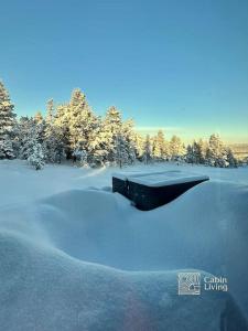 a snow covered field with trees in the background at New cabin near X Country ski trails at Blefjell with Jacuzzi in Flesberg