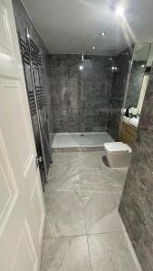 een badkamer met een douche, een toilet en een bad bij The York Place Residence in Edinburgh