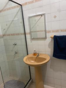 a bathroom with a sink and a shower with a mirror at Habitación en suite, Excelente Ubicación in Asunción
