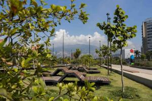 una fila de bancos en un parque con árboles en Perfect 3BR Apartment Medellin best location, en Medellín
