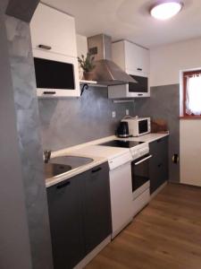 a kitchen with white and gray cabinets and a sink at Chalet Brložnica pod Veliko planino in Luče
