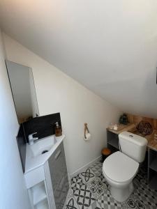 a bathroom with a white toilet and a sink at Petit Nid Douillet avec parking privé 