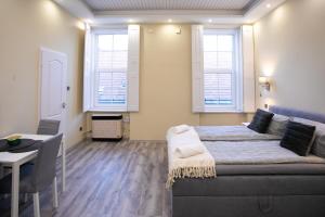 a bedroom with a bed and a desk and windows at GrigorasNCo Studio Apartments in Budapest +56 photos