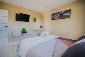 um quarto com uma cama e uma televisão de ecrã plano em Hidden Villa Aruba em Oranjestad