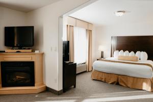 a hotel room with a bed and a fireplace at Ramada Golden in Golden