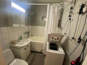 y baño con aseo, lavabo y ducha. en Style 1BR Appartment in Kemi - Tornio, en Kemi