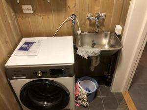 a bathroom with a washing machine and a sink at Malangen Arctic Sealodge Cabin 10 in Meistervik