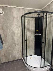 a shower with a glass enclosure in a bathroom at Malangen Arctic Sealodge Cabin 10 in Meistervik