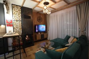 a living room with a green couch and a tv at City escape apartment Bjelasnica in Bjelašnica