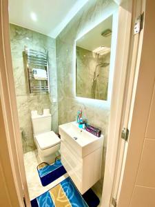 a bathroom with a sink and a toilet and a mirror at Comfortable One Bedroom Flat with free Car Park in London in London