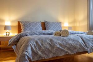 een slaapkamer met een bed met twee handdoeken erop bij AS apartmán sever in Košice