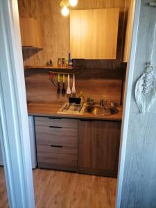 a kitchen with a sink and a wooden counter top at PALMA 3 in Port-la-Nouvelle