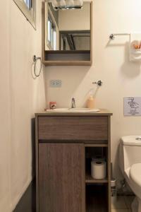 een badkamer met een wastafel en een spiegel bij Emi’s Place Container Living in Uvita