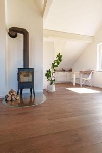 kominek w salonie z drewnianą podłogą w obiekcie Grünewaldhof in Rimbach im Odenwald w mieście Rimbach