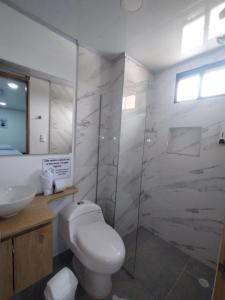 W łazience znajduje się toaleta i przeszklony prysznic. w obiekcie HOTEL A & A SANTA ALEJANDRIA w mieście Medellín