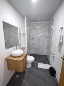 a bathroom with a sink and a toilet and a shower at HOTEL A & A SANTA ALEJANDRIA in Medellín