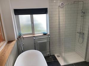 a bathroom with a toilet and a glass shower at Luxurious cottage in the heart of Falmouth in Falmouth