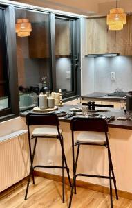 a kitchen with two chairs at a kitchen counter at Le Studio Grimaldi in Ostend