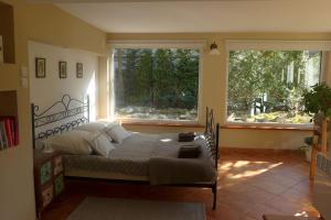 um quarto com uma cama e uma grande janela em Spacious apartment in green district. em Breslávia