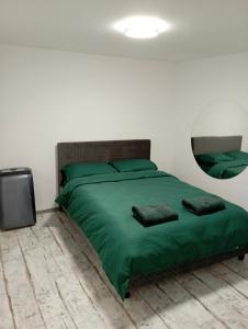 - une chambre avec un lit vert et une télévision dans l'établissement PENSIUNE Sweet Touch, à Craiova