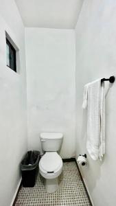 a white bathroom with a toilet and a trash can at Confortable Loft MN 960 D Centro Mty cerca de todo in Monterrey