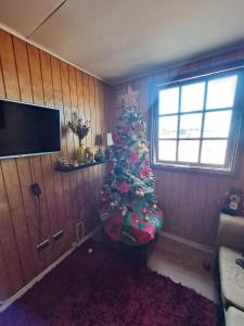 un soggiorno con un albero di Natale in una stanza di hospedaje a Puerto Varas