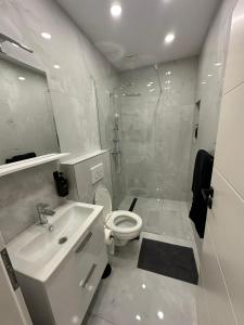 a bathroom with a toilet and a shower and a sink at Moparts in Oberhausen