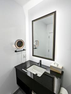 a bathroom with a sink and a mirror at LE LOFT BLEU - Centre-Ville de Québec in Quebec City