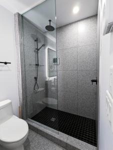y baño con ducha de cristal y aseo. en LE LOFT BLEU - Centre-Ville de Québec, en Quebec